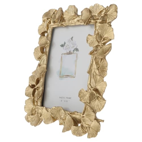 JECOMPRIS Marco de Fotos de Resina Dorada Hojas de Ginkgo 6 Pulgadas, Estilo Vintage Retro para Escritorio y Decoración de Dormitorio, Portafotos Creativo Adecuado para Fotos Familiares