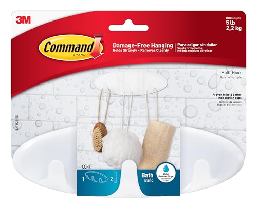 Command Bath Multi-Hook, Holds up to 5 lb, 1 Shower Hook with 2 Water-Resistant Command Strip, Damage Free Bathroom Organization for Robes, Towels, Loofahs, or Bathroom Accessories