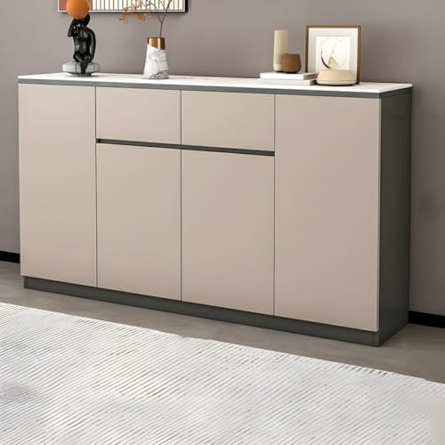 Modern Grey Wood Sideboard Credenza with Drawers & Cabinets, Stone Top Integrated Storage, High-End Living Room Furniture, 55" L x 14" W x 35" H