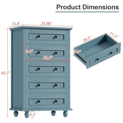 Image of 42.7'' Tall 5 Drawer Dresser for Bedroom, Vintage Blue Wood Storage Chest | Farmhouse Dresser for Closet, Wood Storage Cabinet, Antique Roman Column Legs, Painted Finish, Easy Assembly, Anti Tipping
