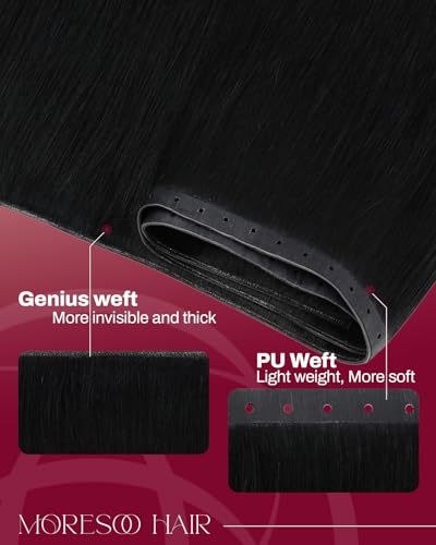Image of Moresoo Butterfly Weft Hair Extensions Human Hair, Invisible Genius Weft, #1 Jet Black 24 Inch 100g, Add Volume, OVO PU Hole, Straight Soft Remy Hair, Simple Installation