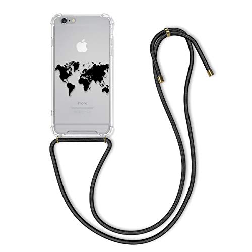 kwmobile Crossbody Case Compatible with Apple iPhone 6 Plus / 6S Plus - Clear TPU Cell Phone Mobile Cover Holder with Neck Cord Lanyard Strap - Travel Outline Black/Transparent