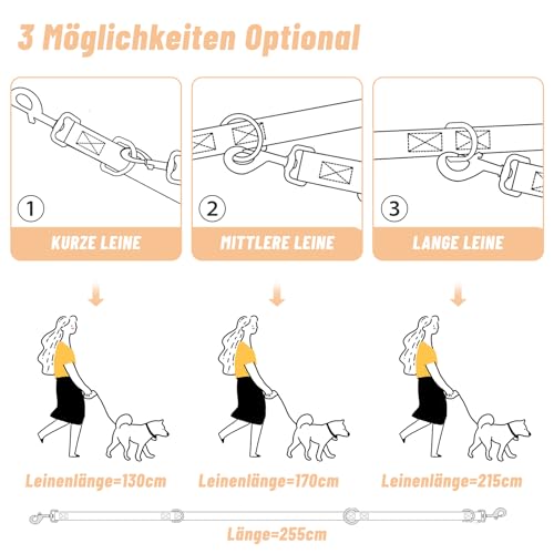 Hundeleine 3m Schleppleine Verstellbare Doppelleine Leichte für Kleine Mittelgroße Hunde mit 2 Karabiner für Training Outdoor Aktivitäten Schwarz