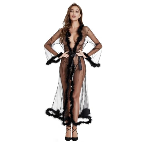 TINAYAUE Peignoir long pour femme sexy en maille - Robe de nuit séduisante - Peignoir transparent avec ceinture - Grandes tailles - Pyjamas pour les amoureux,...