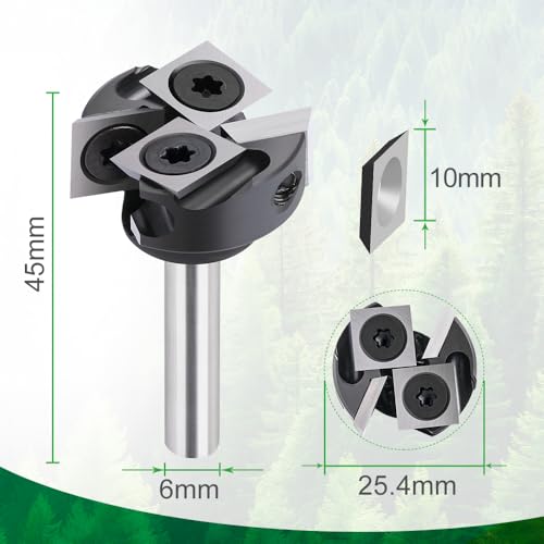 BALUGAEA Planfräser 6mm Schaft mit Schnittdurchmesser 25,4 mm Nutfräser CNC Holzfräser Kantenfräser, 4 austauschbaren HM-Wendeplatten 10 x 10 mm Flächenfräser Planfräser für Oberfräse
