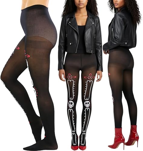 Image of ToBeInStyle Women's Sugar Skull Dia de los Muertos La Catrina Skeleton Bones Tights & Thigh High Stockings