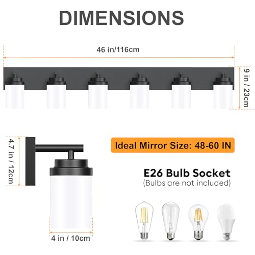 Image of IZORRO Bathroom Vanity Light Fixture, 6-Light 46 Inch Matte Black Bathroom Light Fixtures Over Mirror, with White Glass Shade, Modern Farmhouse Vanity Lights, Rustic Restroom Lighting Fixtures