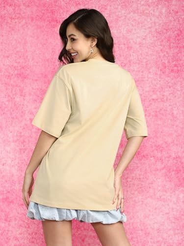 Image of JUNEBERRY 100% Pure Cotton Oversized Loose Fit Half Sleeve Cool Front Chest Graphic Printed Round Neck Drop Shoulder T-Shirt for Women S to 2XL