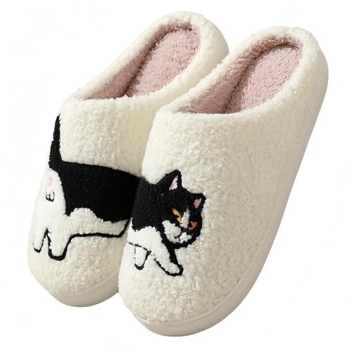 Cat Slippers for Women Memory Foam Plush Indoor House Slippers Winter Warm Non Slip Cute Bedroom Shoes