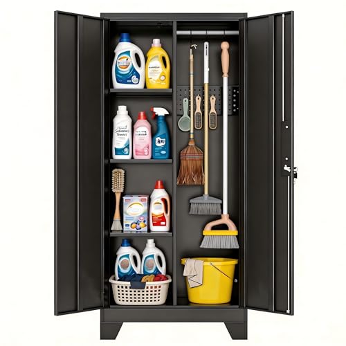 Image of 61 inch H Broom Closet Cabinet, Metal Storage Cabinet with Lockable Doors and Pegboard, Utility Closet for Brooms and Mops, Tool Cabinets for Home Office, Laundry Room, Garage, Workshop
