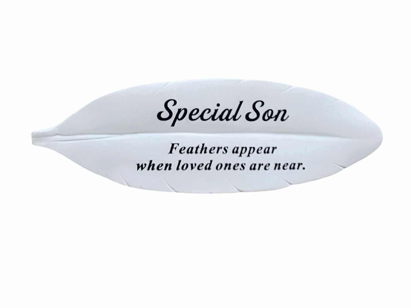 David Fischhoff Ltd SON White Feather Memorial plaque Grave Ornament Garden Tribute Resin Ornament Gift