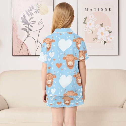 Cute Highland Cow Summer Satin Pajama Set, Cute Button-Down Sleepwear Pj Set for Sleep Wears4