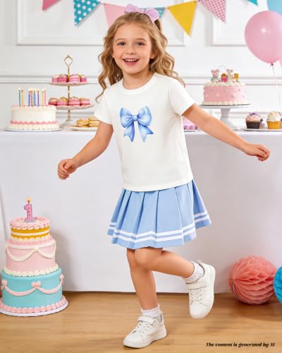 Image of Betusline Girls Skirt Set JK School Uniform 2-Piece Outfit - Short Sleeve & Webbing Solid Skirt,Bow Blue,4-5T = Tag 120