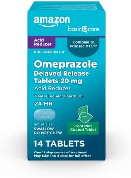 Amazon Basic Care Omeprazole Delayed Release Tablets 20 mg, Cool Mint, Acid Reducer, Treats Frequent Heartburn, 14 Count