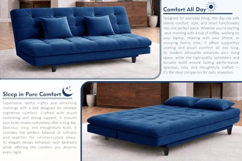 Image of Rosebell Modern Wooden 3-Seater Sofa Cum Bed Foldable Velevt Fabric Sofa for Living Room, Guest Room & Office-Blue-Color