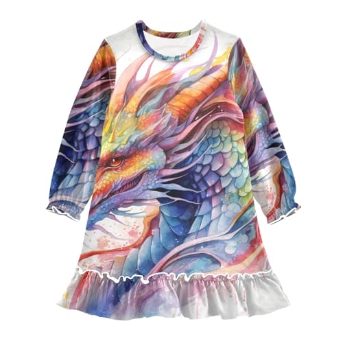 Watercolor Fire Rainbow Dragon Girls Long Sleeves Dress, Winter Dresses Nightgowns Casual Swing Dress