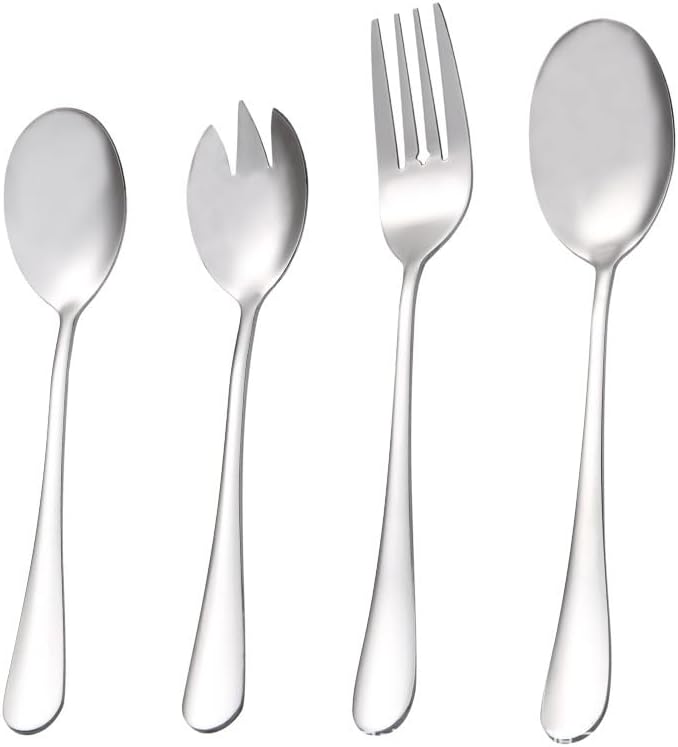Silverware Set, 4/16/24/32 Stainless Steel Serving Spoons, Public Serving Spoons And Forks, Hotel Restaurant Household Salad Forks And Tableware (Color : Silver, Size : 8Set-32Pcs)