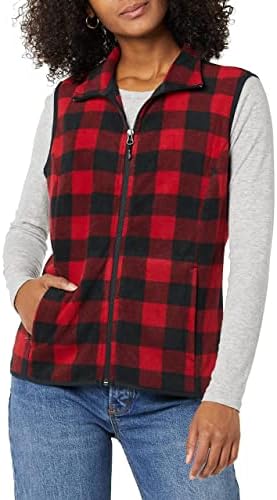 Amazon Essentials Women's Classic-Fit Sleeveless Polar Soft Fleece Vest (Available in Plus Size), Red, Buffalo Plaid, Large