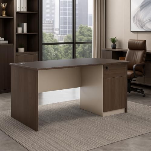 Image of Engineered Wood Office Table | 140 cm Single Workstation Desk with Drawer & Cabinet | Brown & Beige Laptop | Study | Computer Table for Home & Office Use
