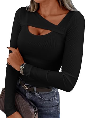VAFFUL Damen Sexy Oberteil Asymmetrischer Ausschnitt Langarm Basic Tee...