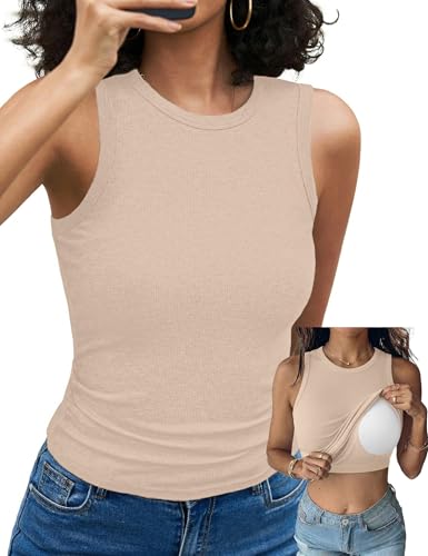 Aottori Tank Top Damen Sommer mit integriertem BH Oberteile Ärmellos Rundhals Basic Tanktop Gerippt Slim Fit Tops Stretch Einfarbig Beige L
