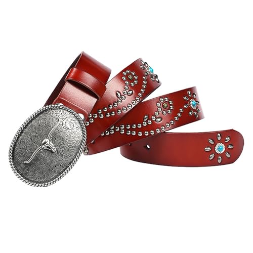 Men Women Western Cowboy Genuine Leather Belt, Multiple Turquoise Rivet Studded Leather Jean Belt Vintage Western Waist Belts