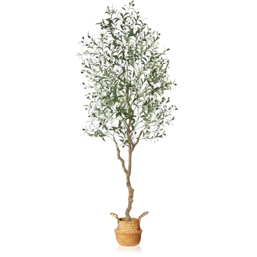 MOSADE Artificial Olive Tree 7 Feet Fake Olive Silk Plant and Handmade Seagrass Basket, Perfect Tall Faux Topiary Silk Tree for Indoor Entryway Modern Decor Home Office Porch Balcony Gift,1Pack