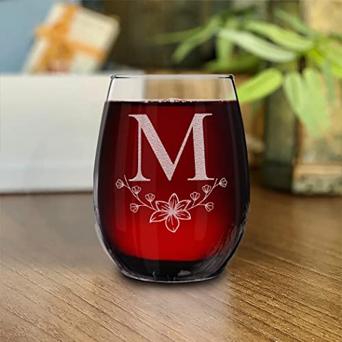 Floral Monogram Engraved Initial Stemless Wine Glass 15 Oz. Personalized Custom Gift (M) #TOP3