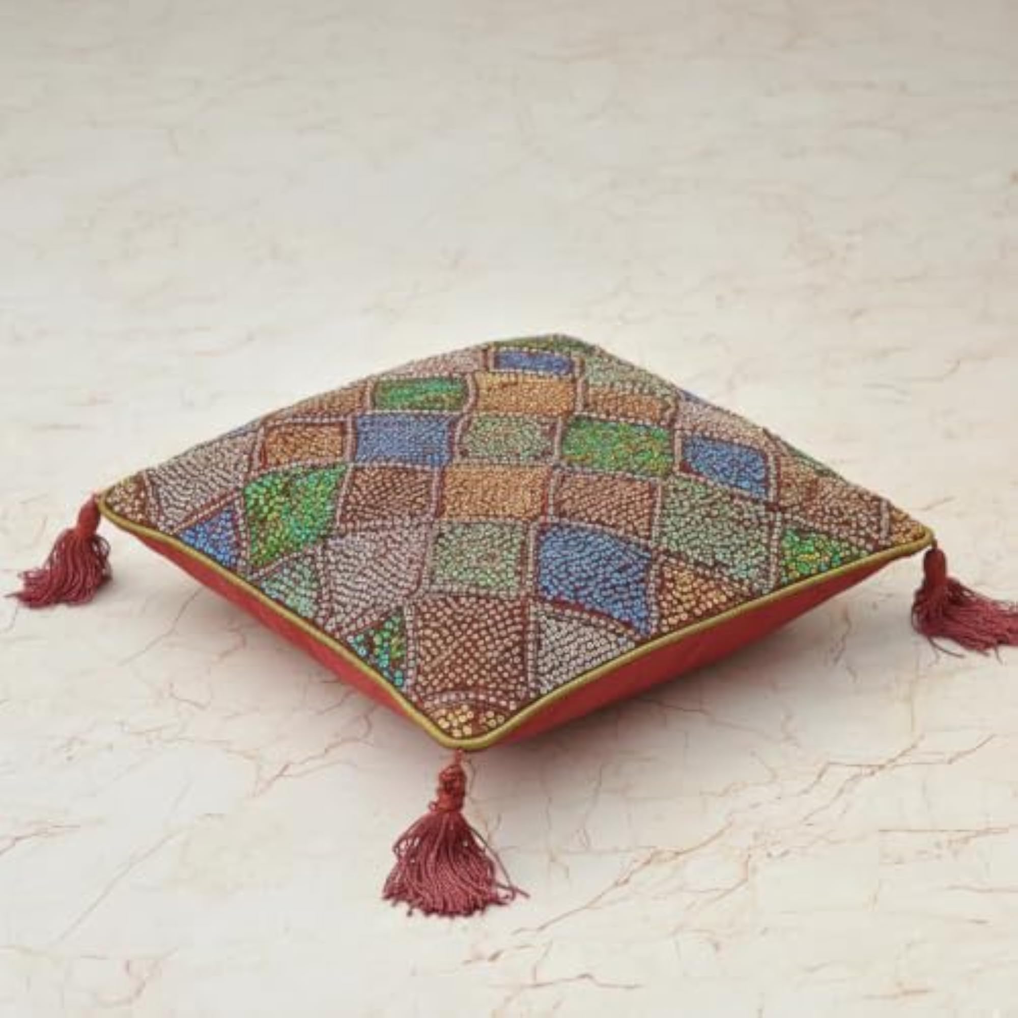 Handcrafted Maroon Cushion Cover 12x12 Inch, Diamond Patchwork