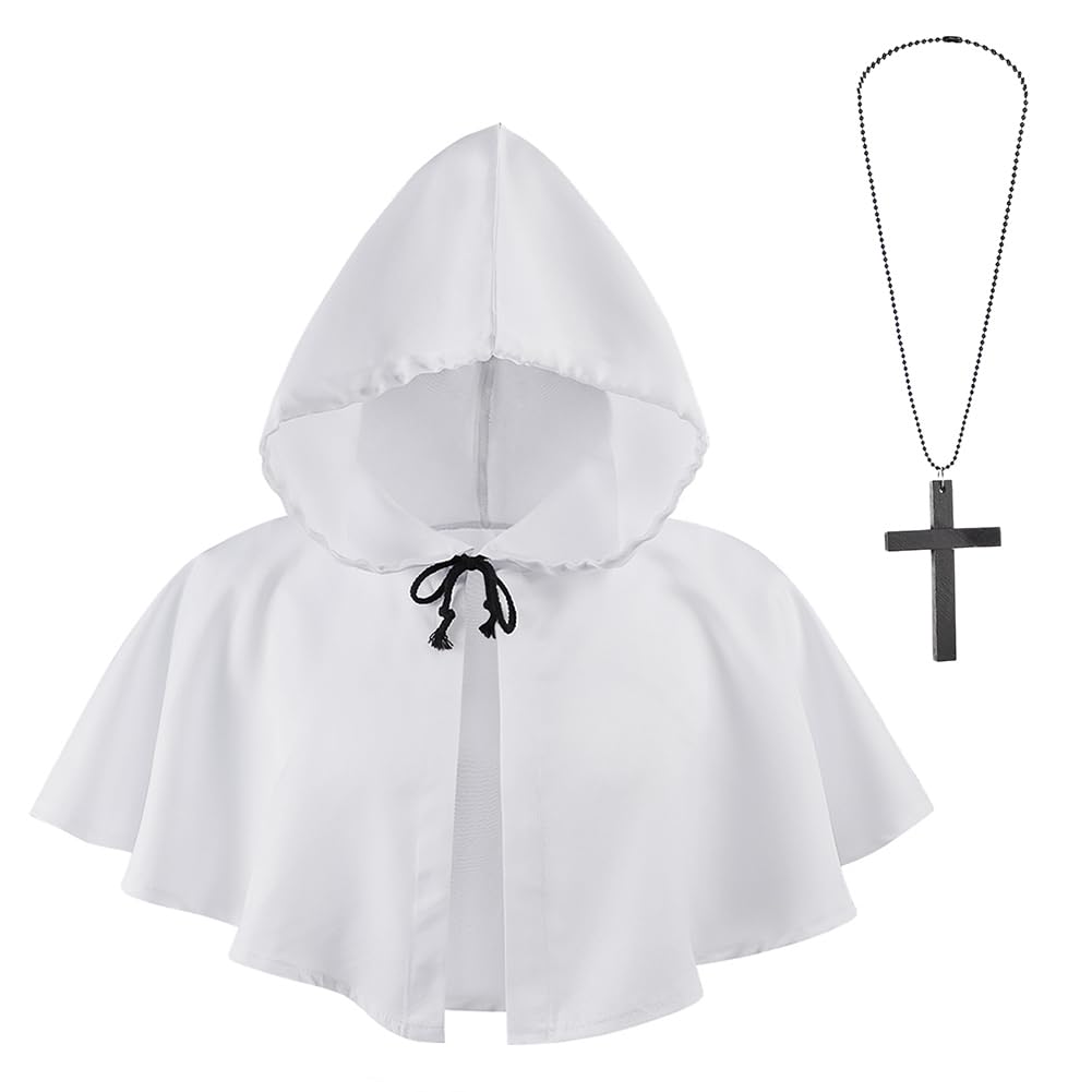 Medieval Cowl Hat with Cross Necklace Halloween Hooded Cape Cloak Pagan Fancy Dress Witch Wizard Vampire Grim Reaper Cape Monk Cape Vintage Death Cloak Halloween Cosplay Party Costume Accessory - Image 2
