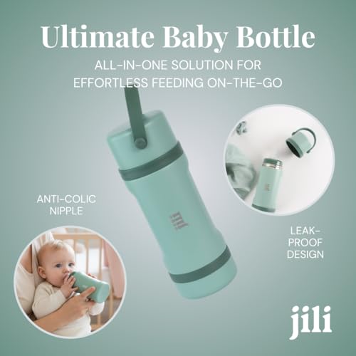 Image of Jili All-in-One Baby Bottle, Insulated Stainless Steel Bottle with Formula Container, Anti-Colic Nipple, and Leak-Proof Lid, Baby Essentials for Travel, BPA and Phthalates-Free, Sage, 8 oz.