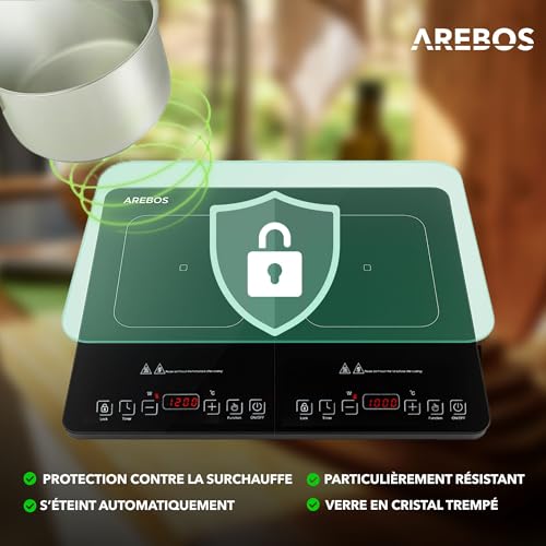 Arebos Double plaque à induction 3500W | 2 zones de cuisson avec écran tactile & minuterie | Plaque à induction portable pour le camping, le plein air & la cuisine | Protection contre la surchauffe – vue 4