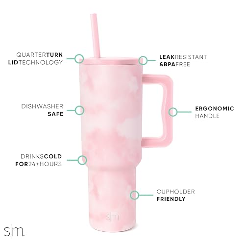 Image of Simple Modern 40 oz Trek Tumbler with Handle and Straw Lid | Cup Holder Friendly Insulated Stainless Steel Travel Mug | Blush Tie Dye