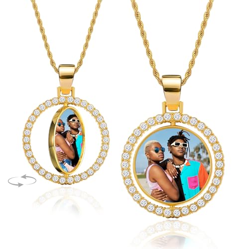 HJX Custom Circle Chain with Picture Necklace 18K Gold Plated Photo Pendant Memorial Necklace with Picture Gift for Men Women