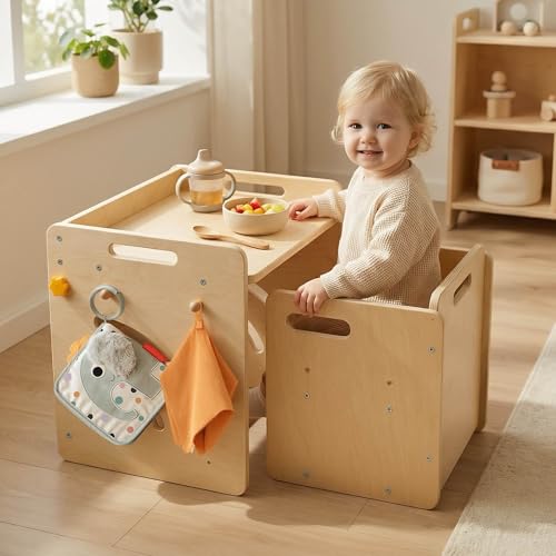 Montessori Table and Chair Set - Adjustable Toddler Weaning Table with Storage Box & Table Mat, Baby Furniture Gift for 1-3 Year Old Kids Learning,...