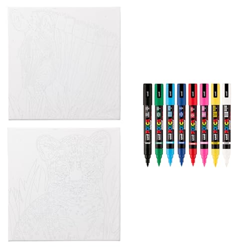 Image of POSCA Canvas Paint by Number Kit, Rainbow Safari - 8 Acrylic Markers with 2 Pre-Drawn Canvases - Gift Set for Artists, Adults and Kids