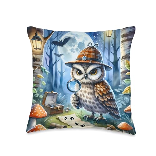 Owl Detective Solves Mystery. Hat Magnifying Glass Clues Throw Pillow