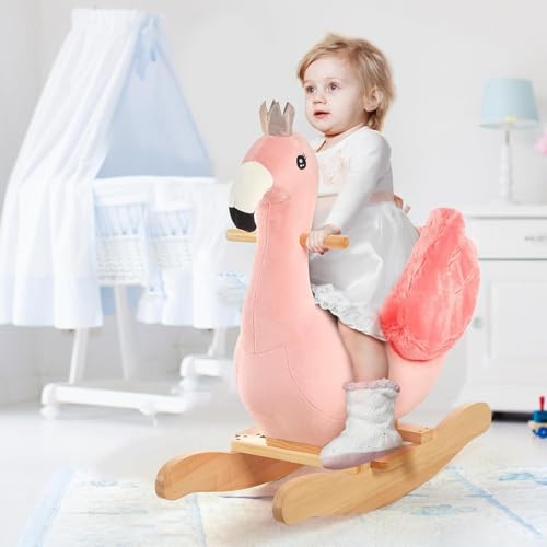 FUNLIO Flamingo Baby Schaukelpferd für Kleinkinder von 6 Monaten bis 3 Jahren, süßer und graziler rosa Schwan-Rocker für Mädchen, gefülltes Plüsch-Reittier, einfach zu montieren