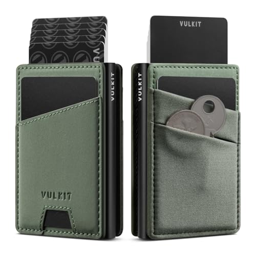 VULKIT Credit Card Holder with Money Pocket Pop up Wallet Metal Card Case RFID Blocking for Airtag, Coins and Cash Green