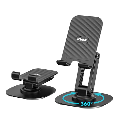 Image of AGARO 360 Revolving Mobile Stand, Foldable & Sturdy Metal Stand with 360 Rotation, Multiple Height & Angle Adjustments & Anti-Slip pads for Desk, Compatible with Smartphones, Tablets, Kindles & iPad