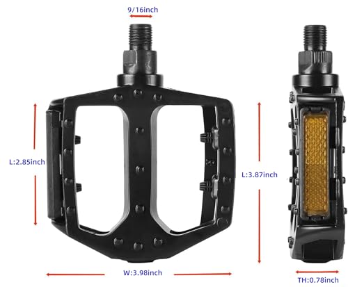 Black Aluminum Bike Pedals for Adult, Bicycle Flat Pedal 9/16 Inch with Reflectors-Lightweight
