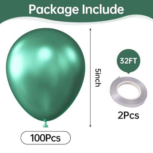 Image of KALOR Metallic Green Balloons, 100 pcs 5 inch Thick Latex Chrome balloons for Balloon Garland Arch, Birthday Decoration, Wedding Party, Baby Shower Decorations