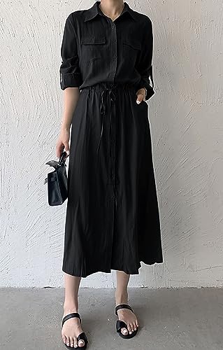 Image of Women Roll-Up Long Sleeve Button Down Shirt Midi Dress