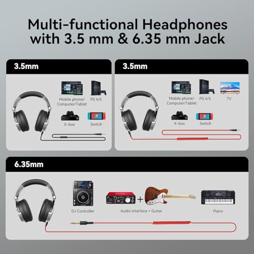 oneodio wired over ear headphones hi-res studio monitor amp mixing dj stereo headsets with 50mm drivers and 14 to 35mm jack for amp computer recording podcast keyboard guitar laptop - black