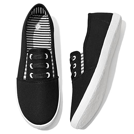 Tênis feminino de lona, sem cadarço, casual, sem cadarço, para caminhada, tênis feminino, sem salto, antiderrapante, para trabalho, Preto, 6
