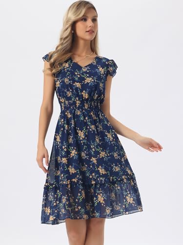 Image of Allegra K Women's Floral Dress Spring Summer V Neck Flutter Sleeve Ruffle Casual Smocked Knee Length Dresses