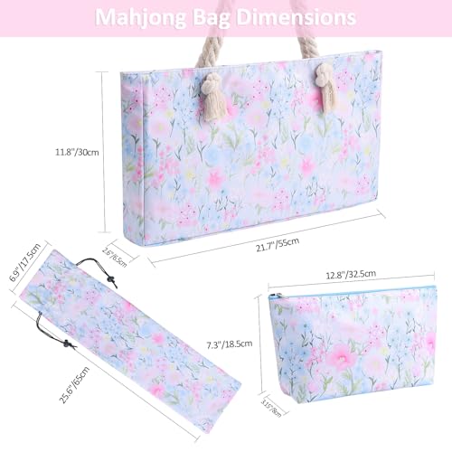 Image of 2026 American Mahjong Set Complete with Blue Carrying Bag, 160 Pink Mahjong Tiles, 4 All-in-One Transparent Mahjong Racks with Pushers, Majiang Tile Set