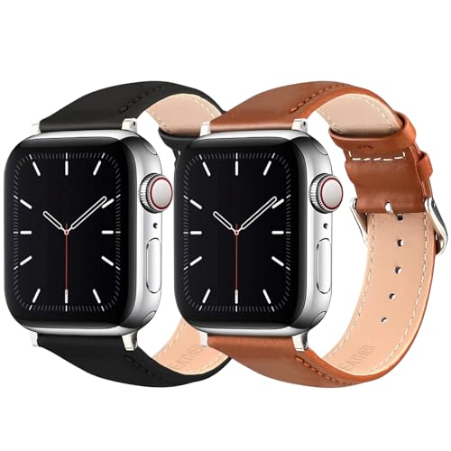 MAOSEMSI Leather Bands Compatible with Apple Watch Band 38mm 40mm 42mm 44mm, Upgrade Genuine Leather Replacement Strap Women Men for iWatch SE & Series 6/5/4/3/2/1 (2 PACK, 44/45/46/49mm)