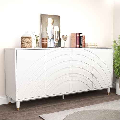 howcool 63\'\' Sideboard Buffet Cabinet, White Storage Cabinet with 4 Doors, Modern Credenza Accent Cabinet Featuring Semi-Circular Pattern for Dining Room, Living Room