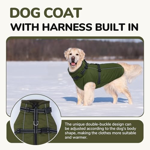 Lelepet Großer Hundemantel mit Geschirr – warme, wasserdichte Fleecejacke, Winter, reflektierende Weste, Schneeanzug für Labrador, Armeegrün, Größe XXL